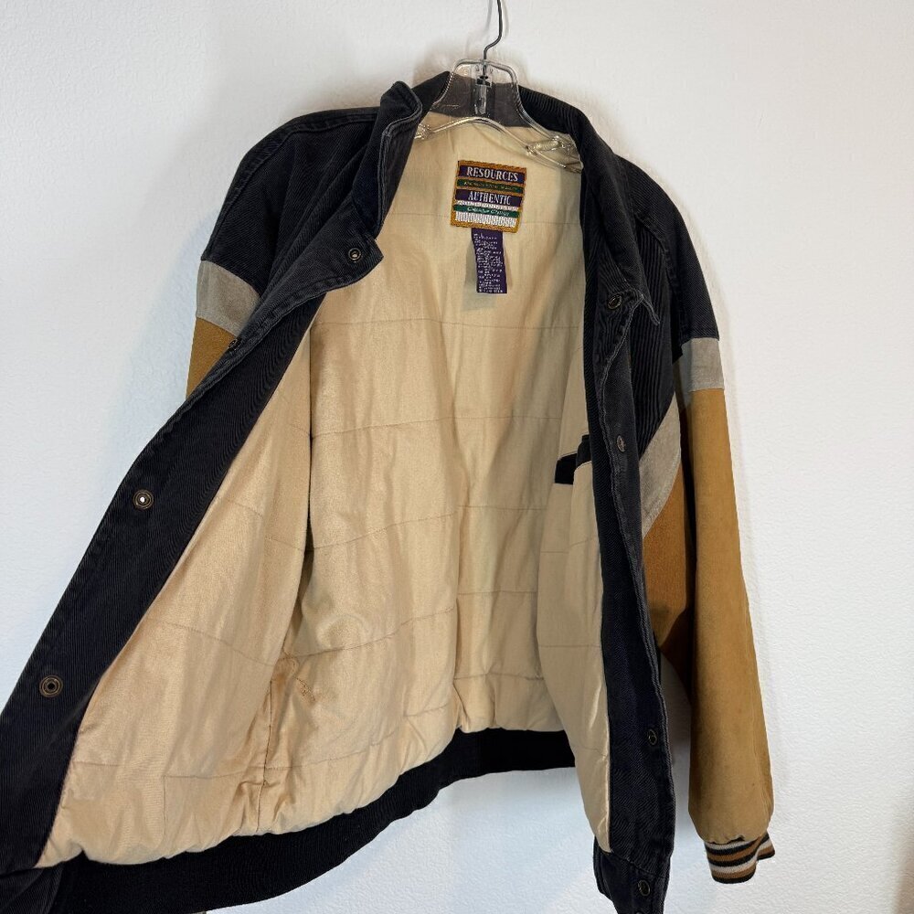 Vintage Varsity Suede Canvas Bomber Large 80s Black Brown Embroidered Jacket - Picture 3 of 10